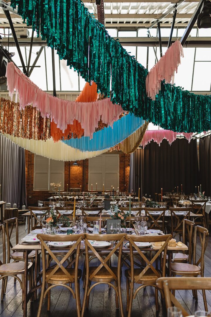 Reception Room Streamers Wedding Decor Louise Barry Photographer