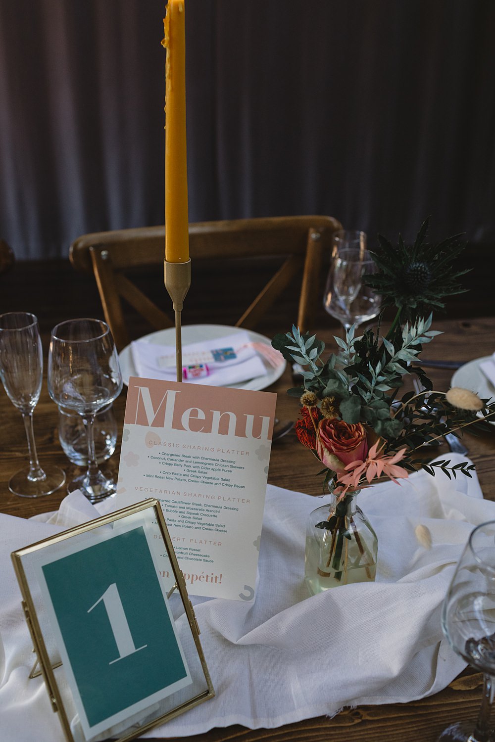 Table Set Up Flowers Candles Colourful Streamers Wedding Decor Louise Barry Photographer
