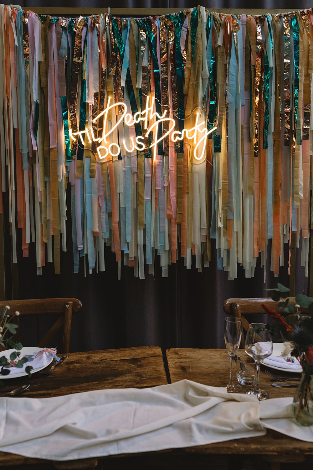 Ribbon Backdrop Neon Sign Streamers Wedding Decor Louise Barry Photographer