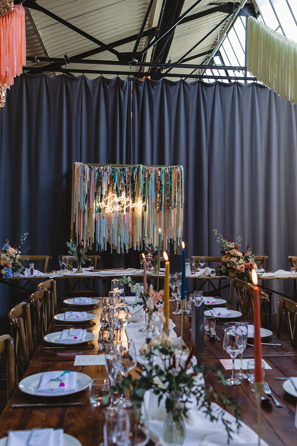 Ribbon Backdrop Neon Sign Streamers Wedding Decor Louise Barry Photographer