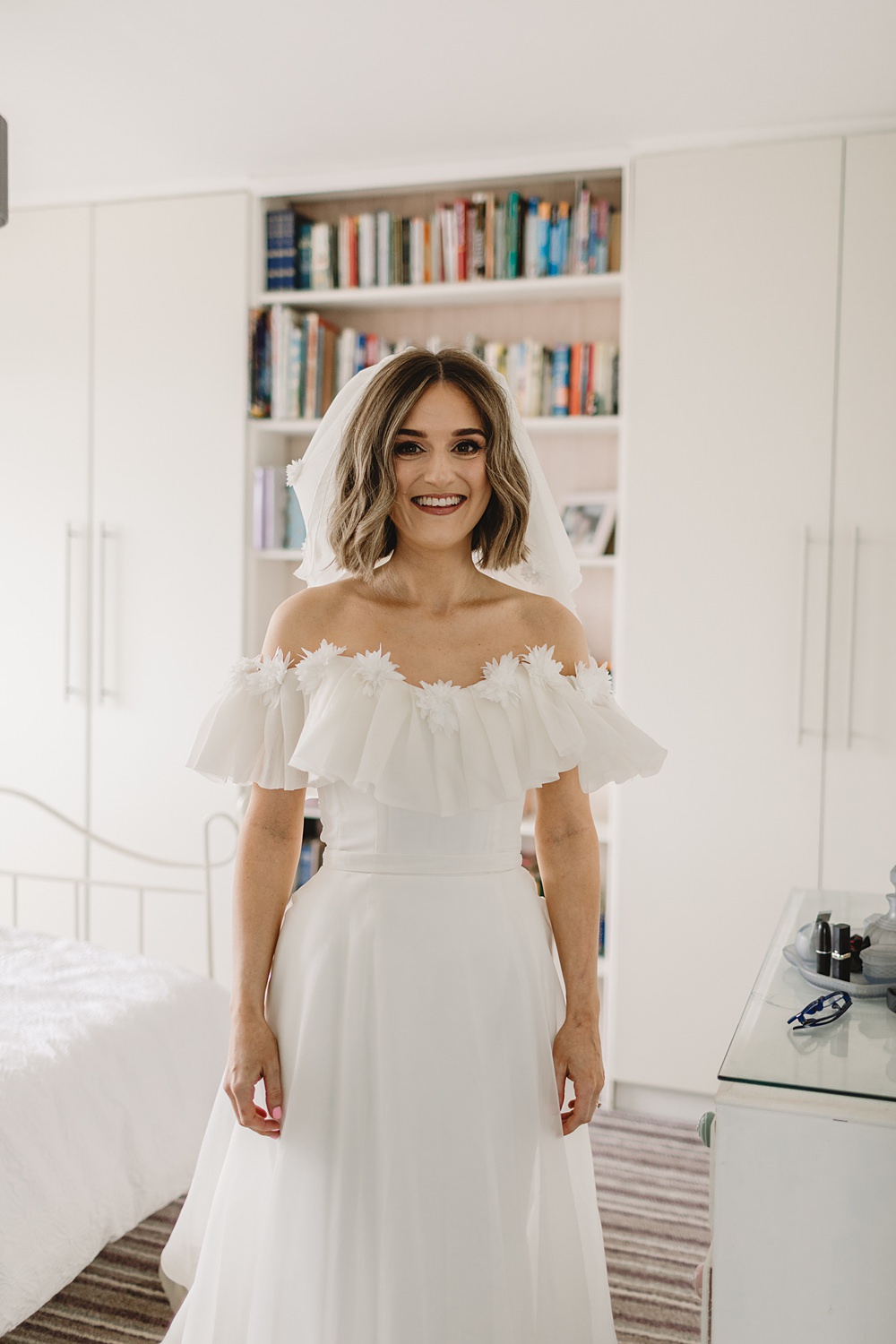 Dress Gown Off Shoulder Ruffle Bride Freda Bennet Streamers Wedding Decor Louise Barry Photographer