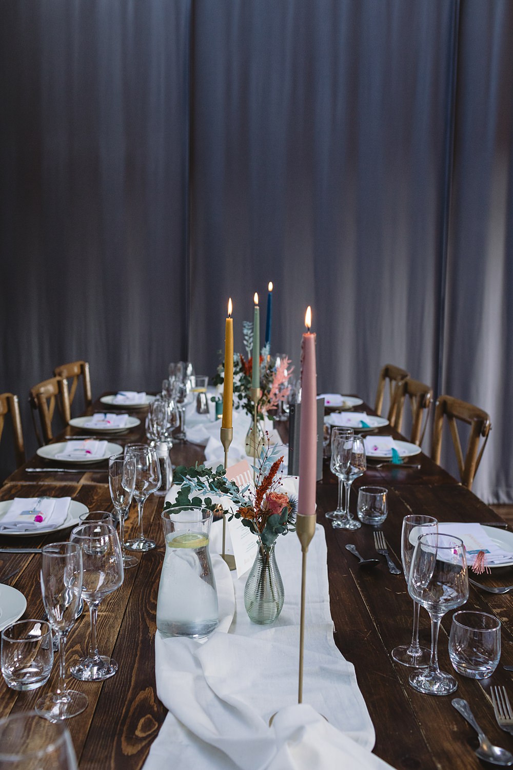 Table Set Up Flowers Candles Colourful Streamers Wedding Decor Louise Barry Photographer