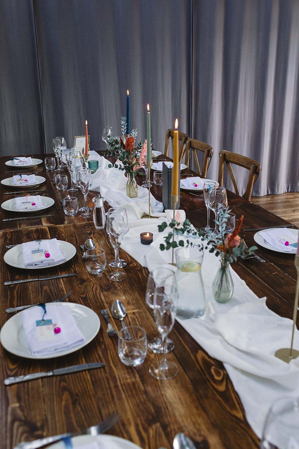 Table Set Up Flowers Candles Colourful Streamers Wedding Decor Louise Barry Photographer