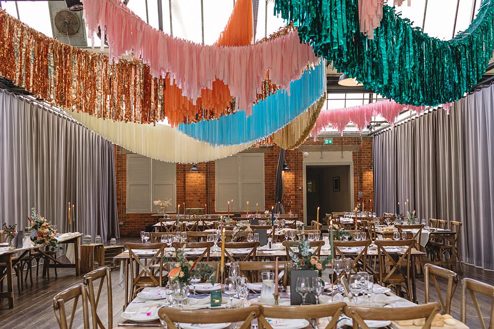 Reception Room Streamers Wedding Decor Louise Barry Photographer