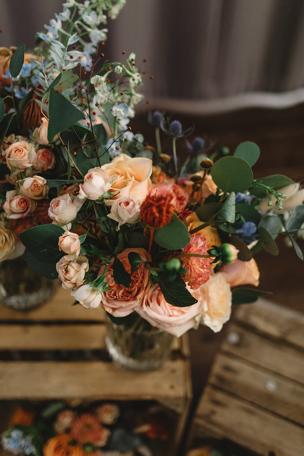 Bouquet Flowers Jar Orange Peach Streamers Wedding Decor Louise Barry Photographer
