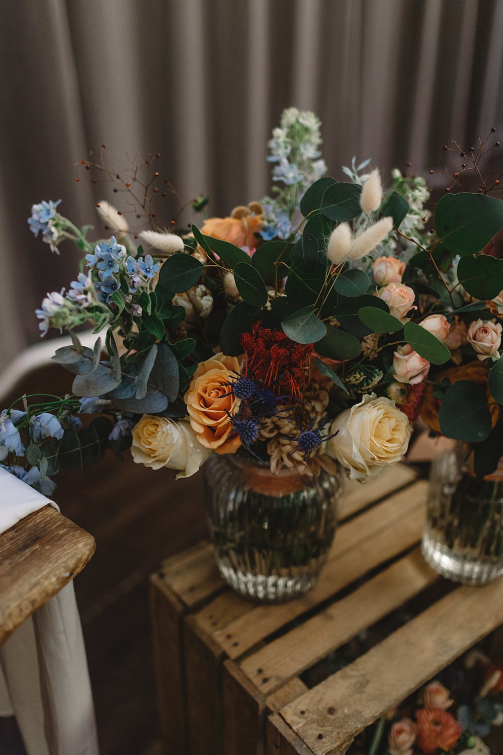Bouquet Flowers Jar Orange Peach Streamers Wedding Decor Louise Barry Photographer