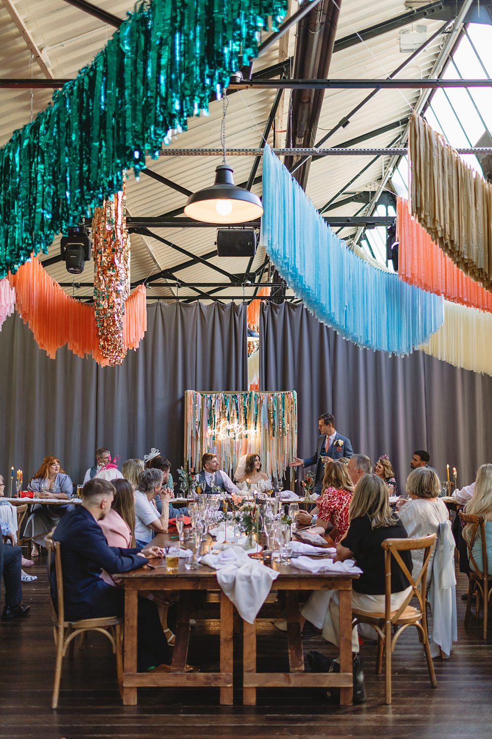 Reception Room Streamers Wedding Decor Louise Barry Photographer