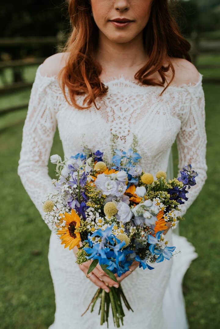 blue bridesmaid dresses with sunflowers Turquoise & White Roses Sunflower Bridesmaid Bouquet – FallinLove Bouquets main image 0