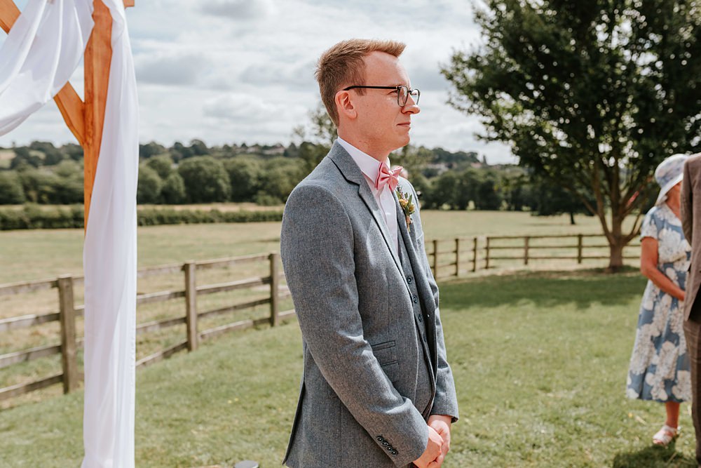 Groom Blue Suit Pink Bow Tie Yorkshire Village Hall Wedding Maddie Farris Photography