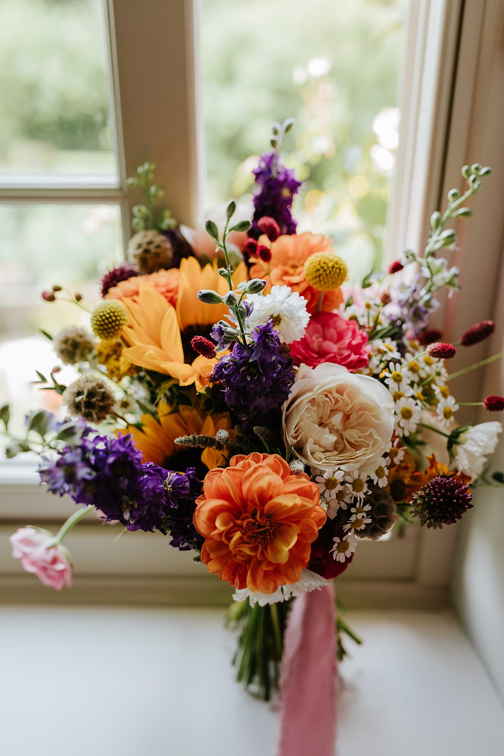 Colourful Bridal Bouquet Pink Yellow Sunflowers Daisy Yorkshire Village Hall Wedding Maddie Farris Photography