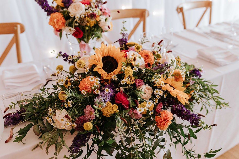 Top Table Flowers Sunflowers Yorkshire Village Hall Wedding Maddie Farris Photography