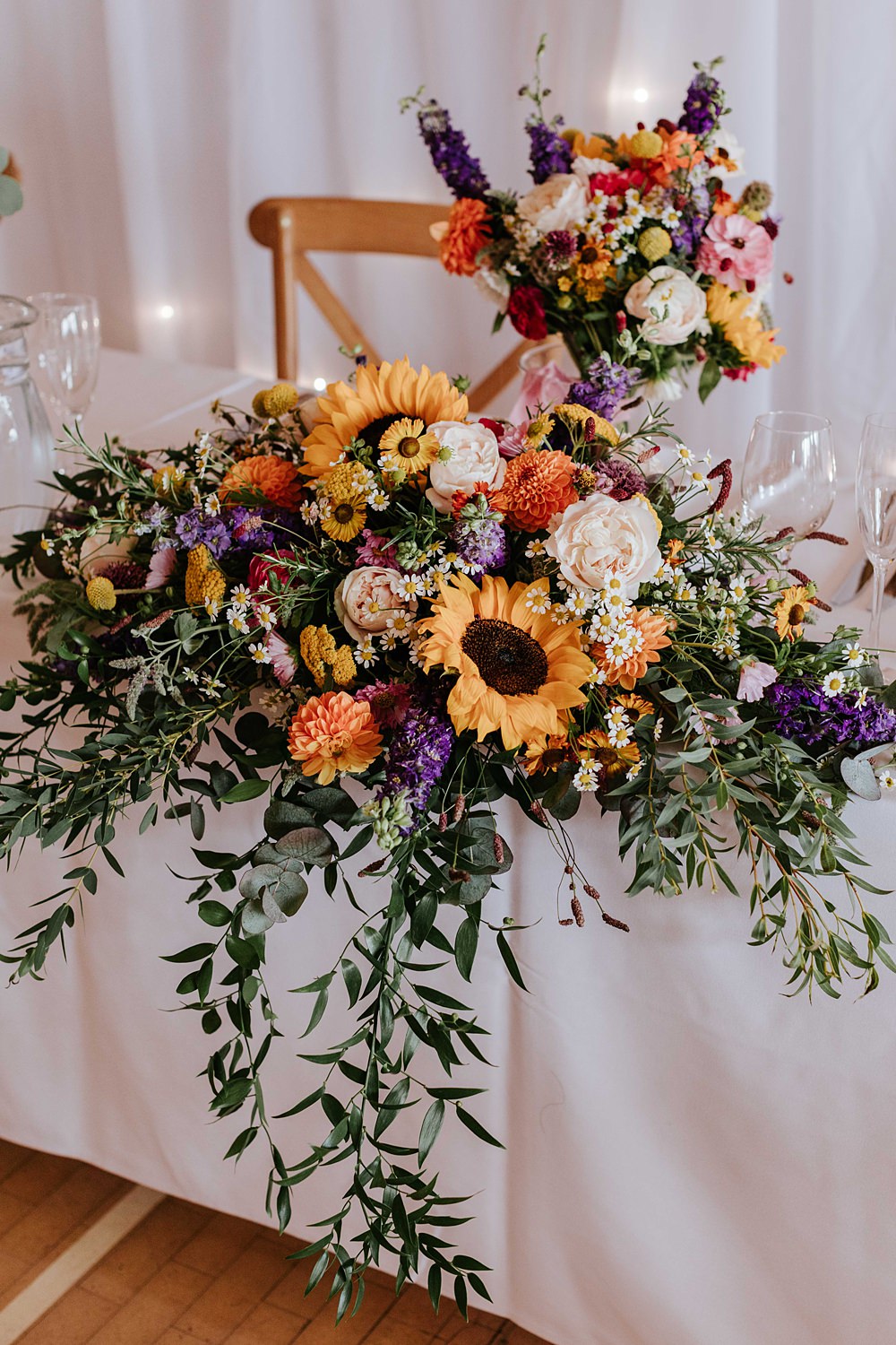 Top Table Flowers Sunflowers Yorkshire Village Hall Wedding Maddie Farris Photography