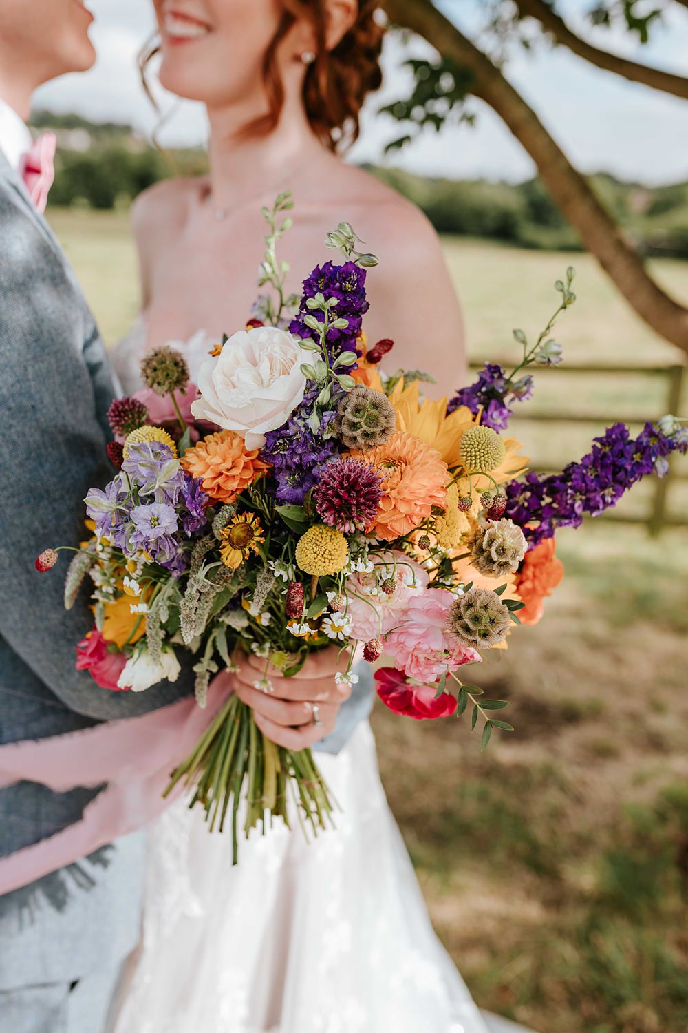 Colourful Bridal Bouquet Pink Yellow Sunflowers Daisy Yorkshire Village Hall Wedding Maddie Farris Photography