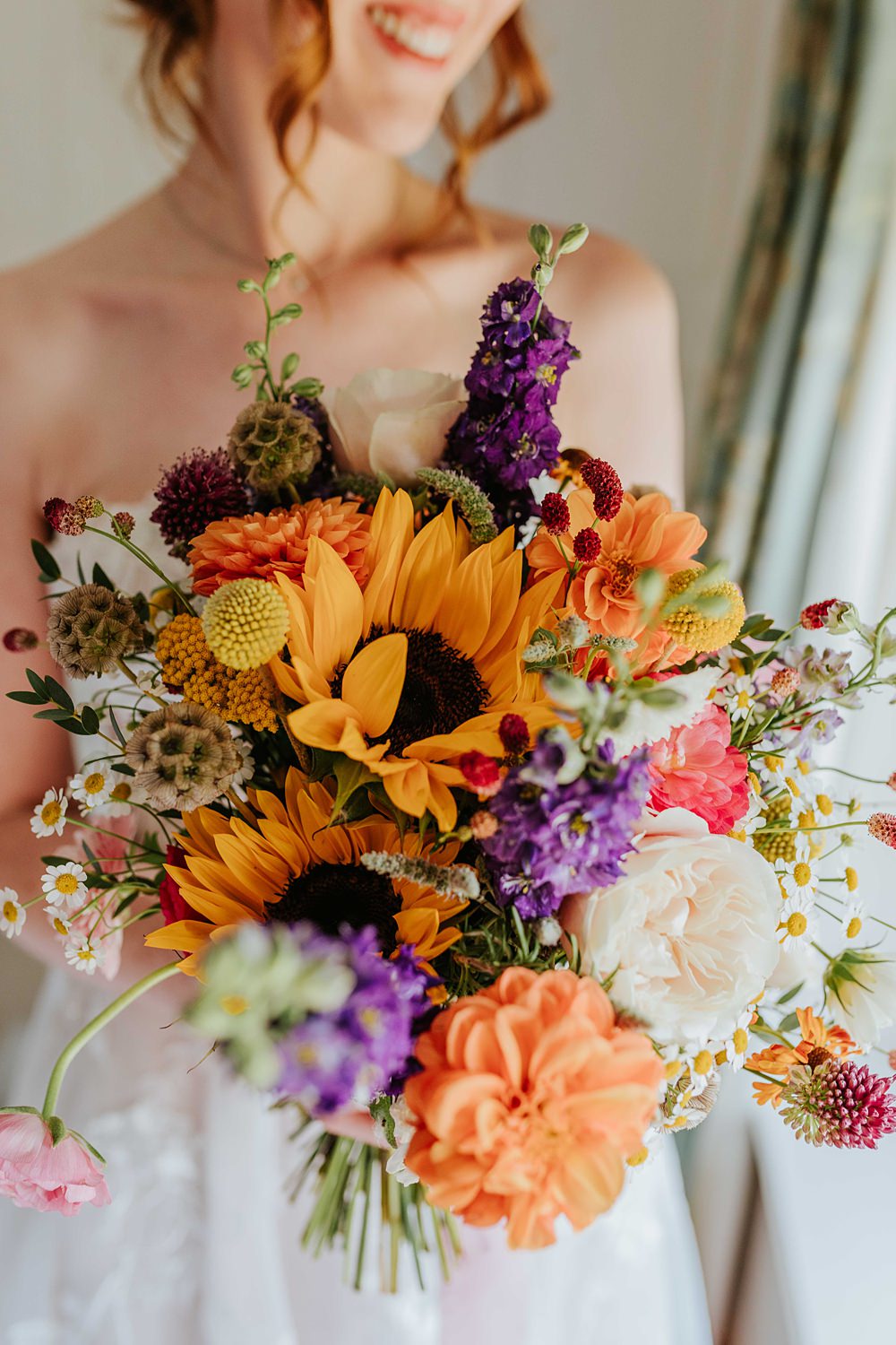 Colourful Bridal Bouquet Pink Yellow Sunflowers Daisy Yorkshire Village Hall Wedding Maddie Farris Photography