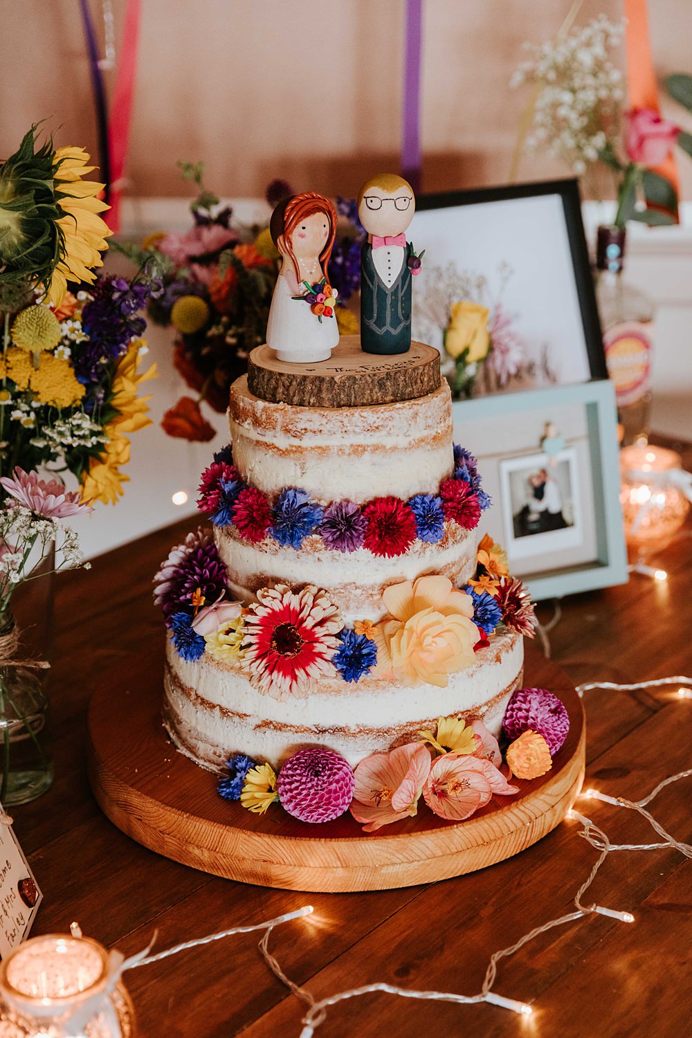 Naked Cake Flowers Wooden Topper Yorkshire Village Hall Wedding Maddie Farris Photography
