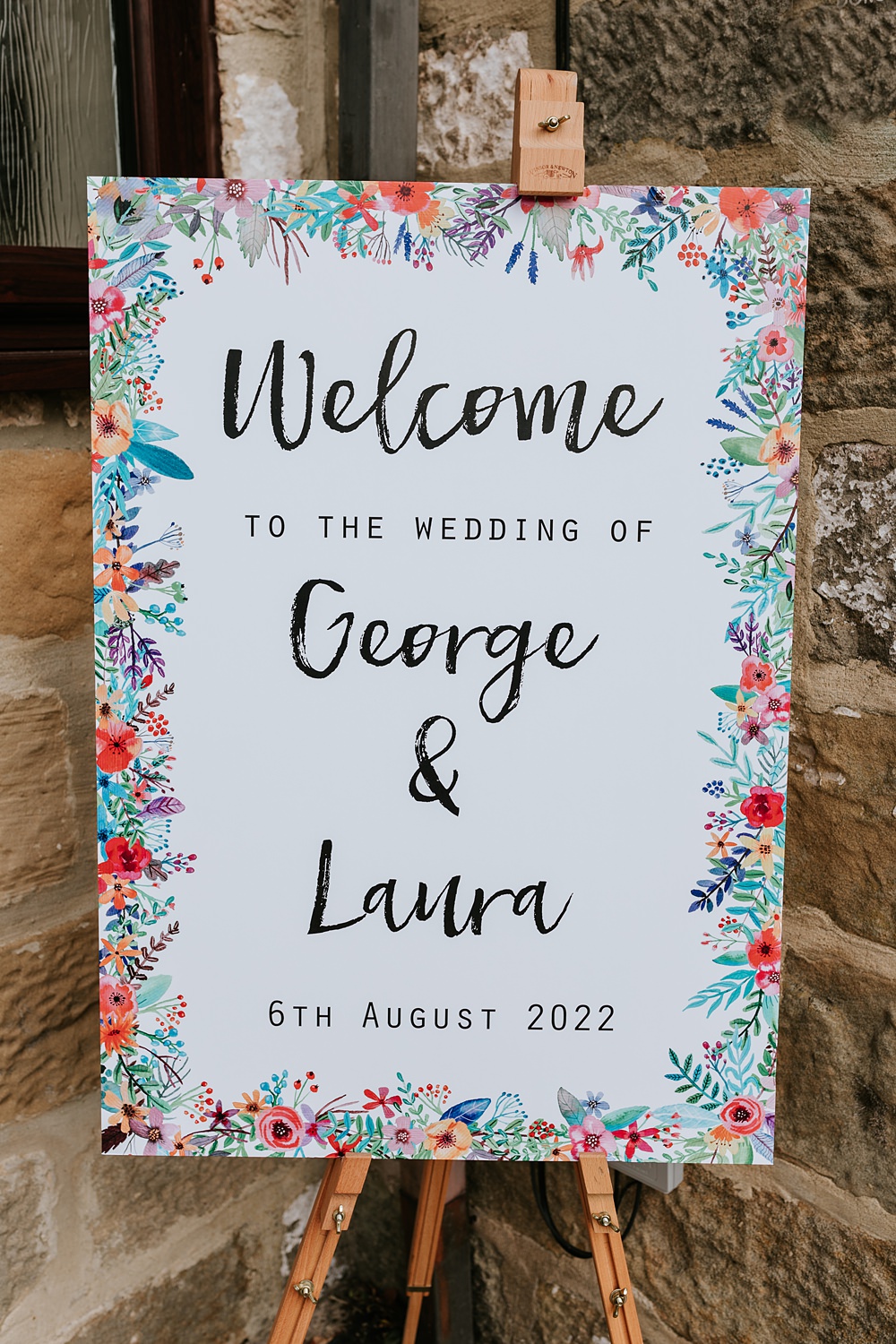 Floral Welcome Sign Yorkshire Village Hall Wedding Maddie Farris Photography