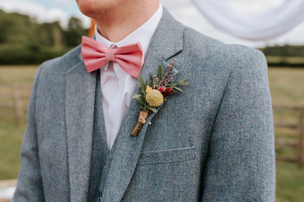 Groom Blue Suit Pink Bow Tie Buttonhole Flowers Yorkshire Village Hall Wedding Maddie Farris Photography