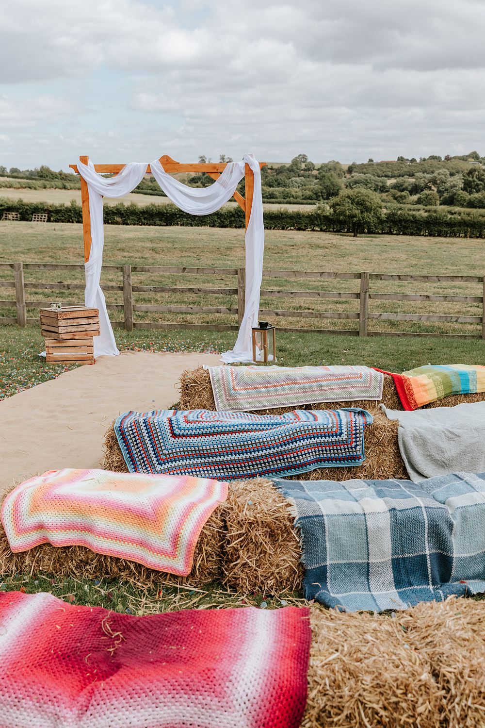 Hay Bales Ceremony Blankets Yorkshire Village Hall Wedding Maddie Farris Photography