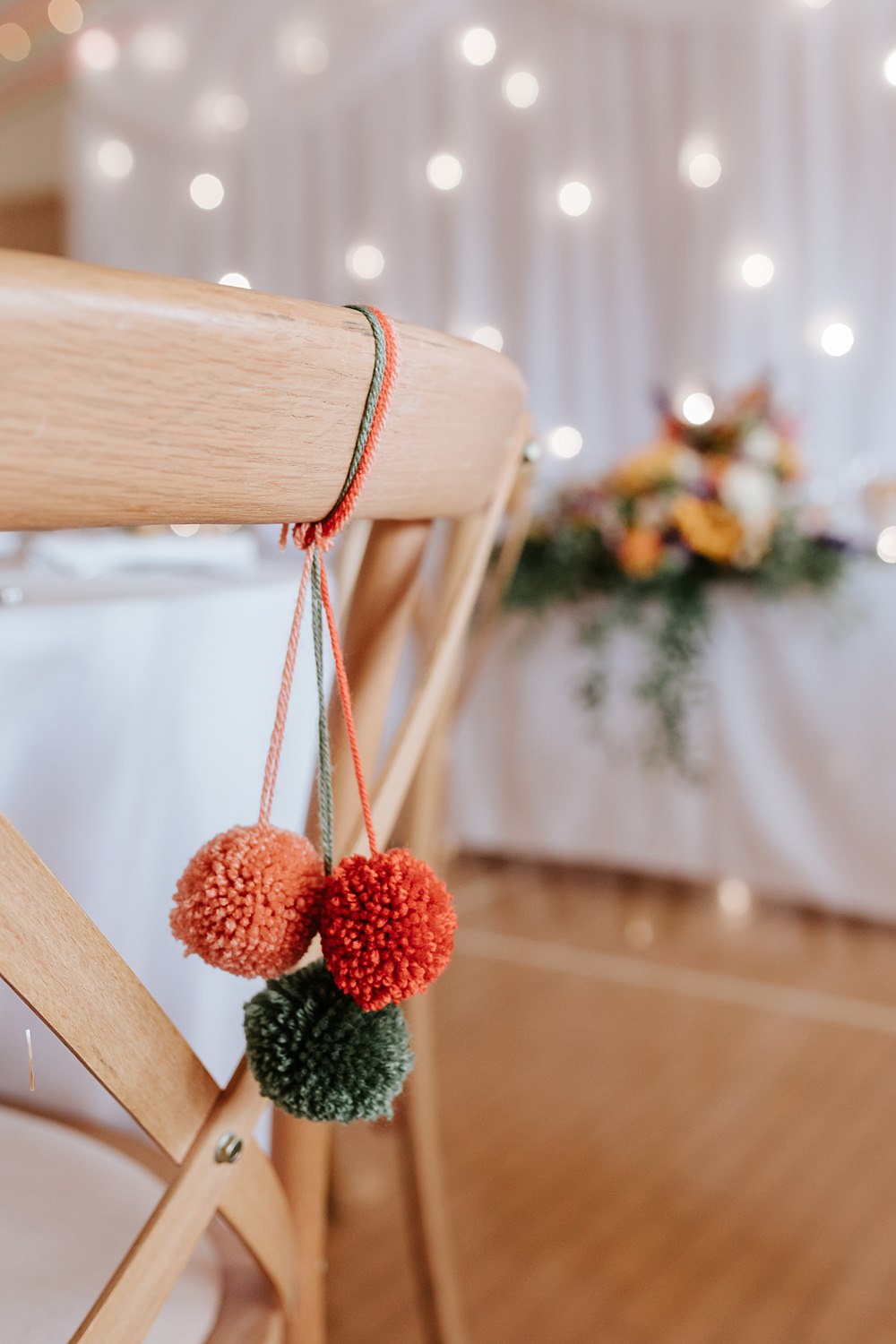 Wool Pom Pom Chairs Yorkshire Village Hall Wedding Maddie Farris Photography