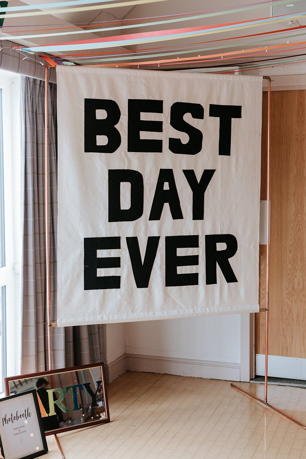 Best Day Ever Sign Banner Yorkshire Village Hall Wedding Maddie Farris Photography