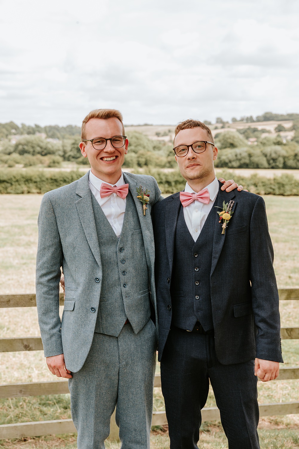 Groom Blue Suit Pink Bow Tie Groomsmen Yorkshire Village Hall Wedding Maddie Farris Photography