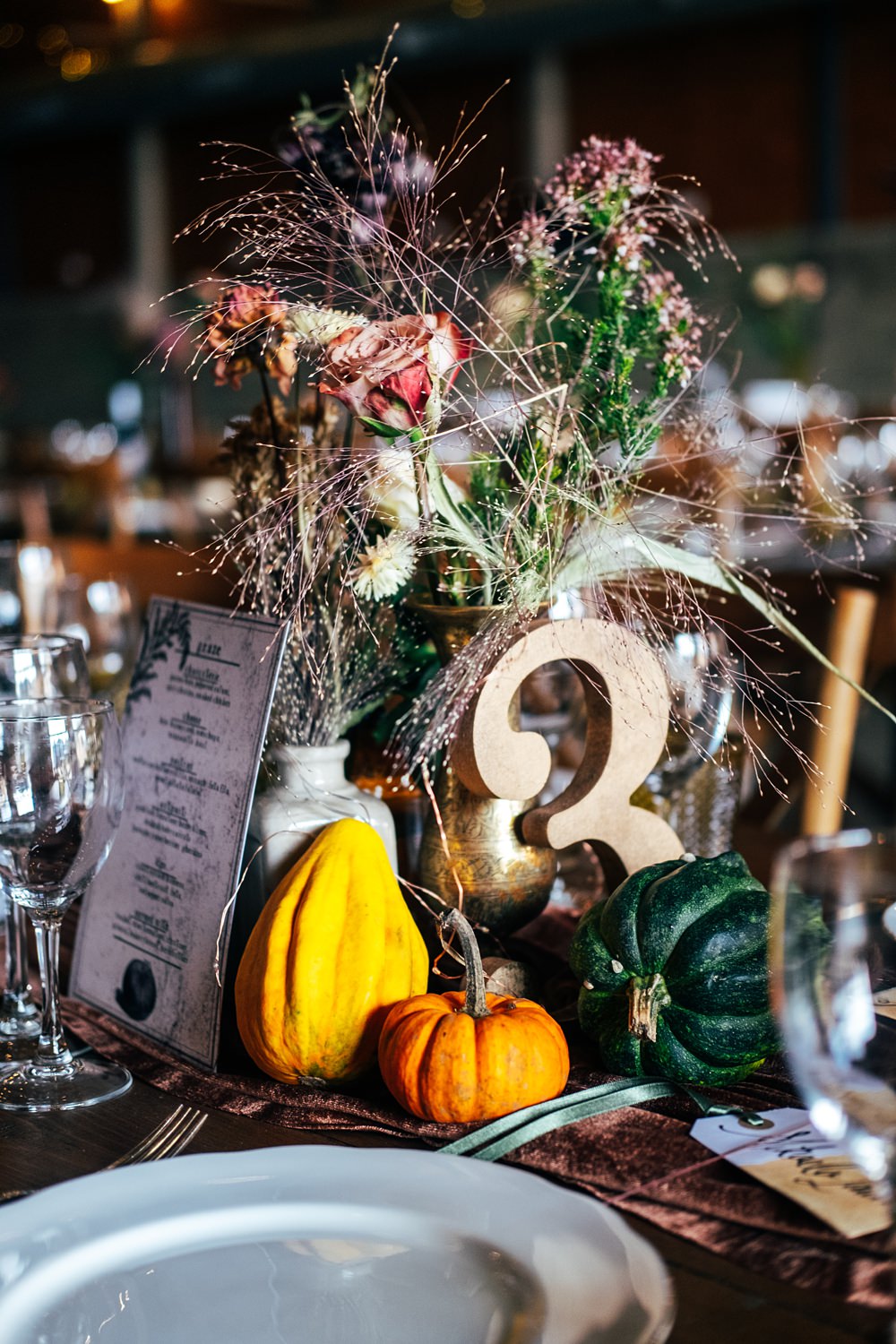 Centrepiece Pumpkins Flowers Autumn Harvest Wedding Three Flowers Photography