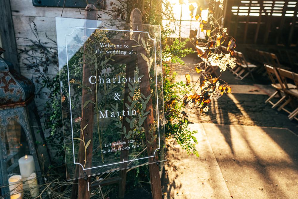 Clear Acrylic Sign Autumn Harvest Wedding Three Flowers Photography