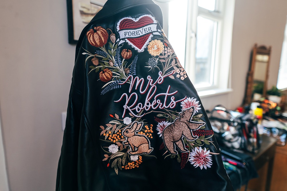 Personalised Embroidered Leather Jacket Bridal Autumn Harvest Wedding Three Flowers Photography