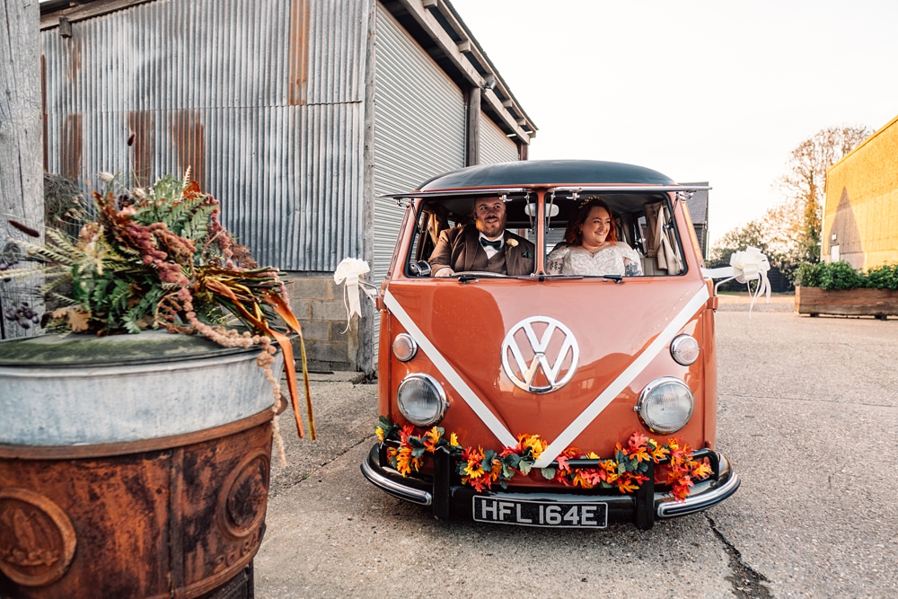 Orange Campervan Transport Autumn Harvest Wedding Three Flowers Photography