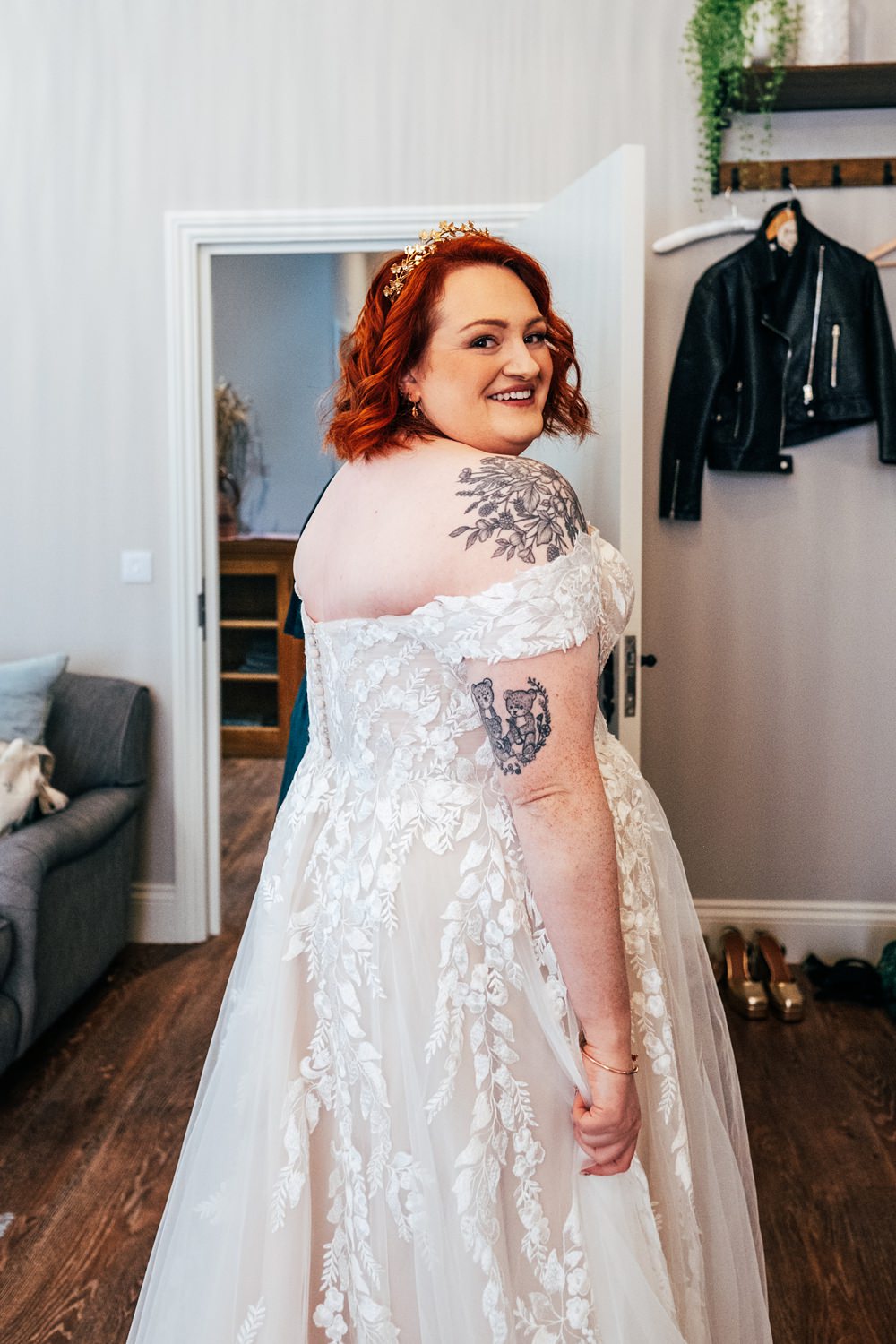 Long Lace Tulle Gown Justin Alexander Tattoos Autumn Harvest Wedding Three Flowers Photography