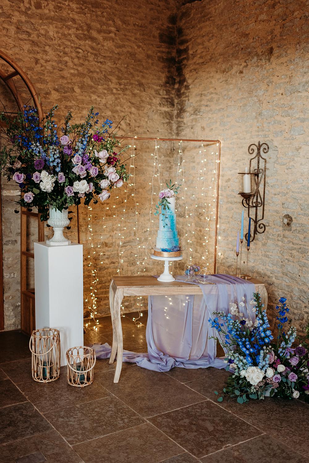 Cake Table Light Curtain Flowers Blue Purple Gold Wedding Ideas Sarah J Scott Photography