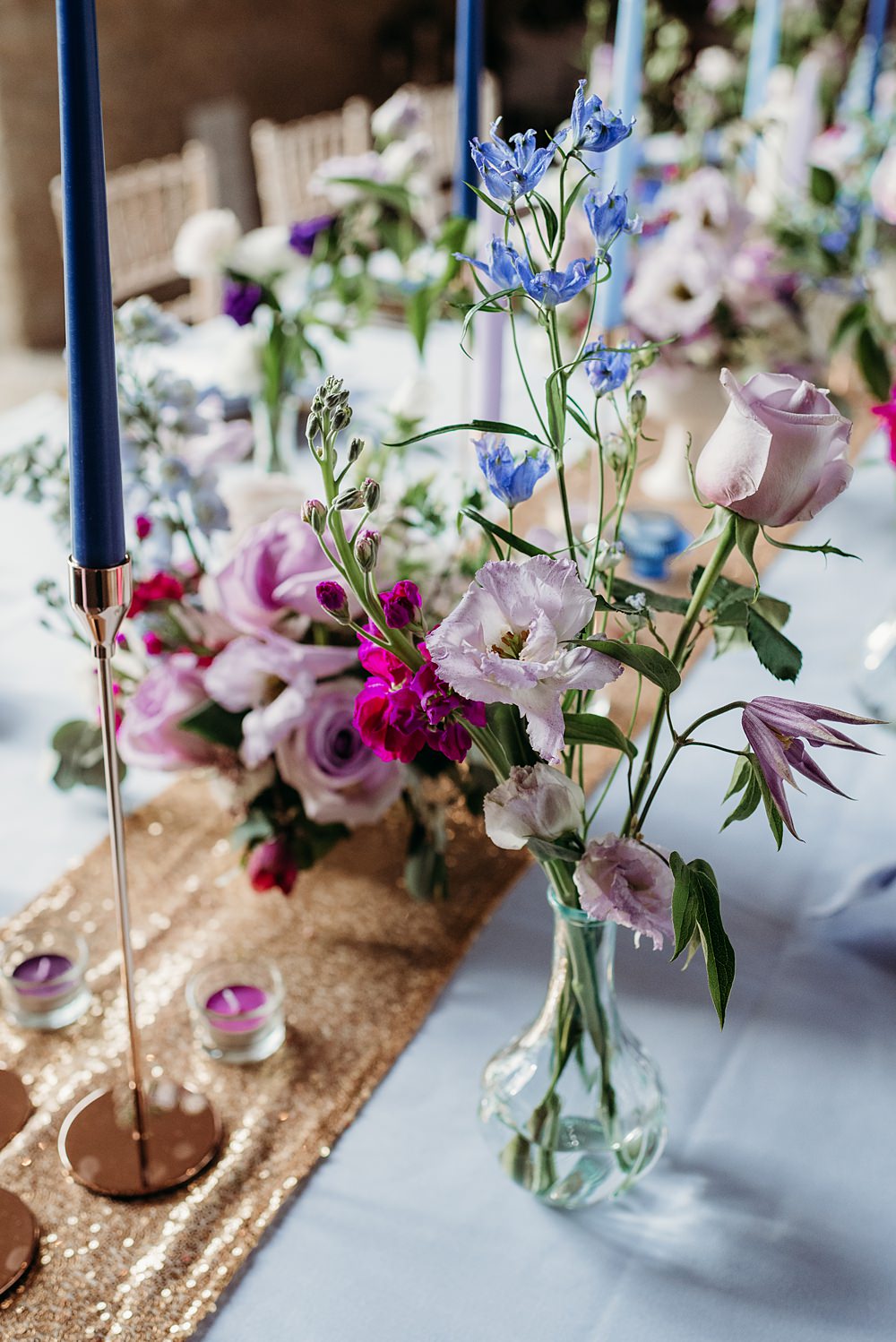 Table Flowers Bud Vase Centrepiece Blue Purple Gold Wedding Ideas Sarah J Scott Photography