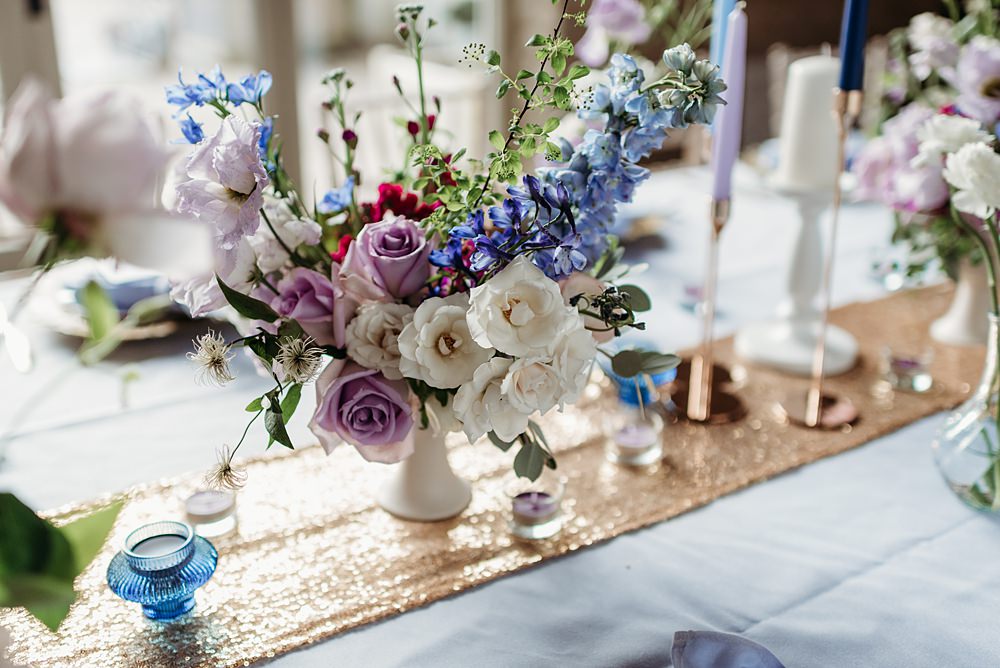Centrepiece Flowers Decor Candles Sequin Runner Blue Purple Gold Wedding Ideas Sarah J Scott Photography