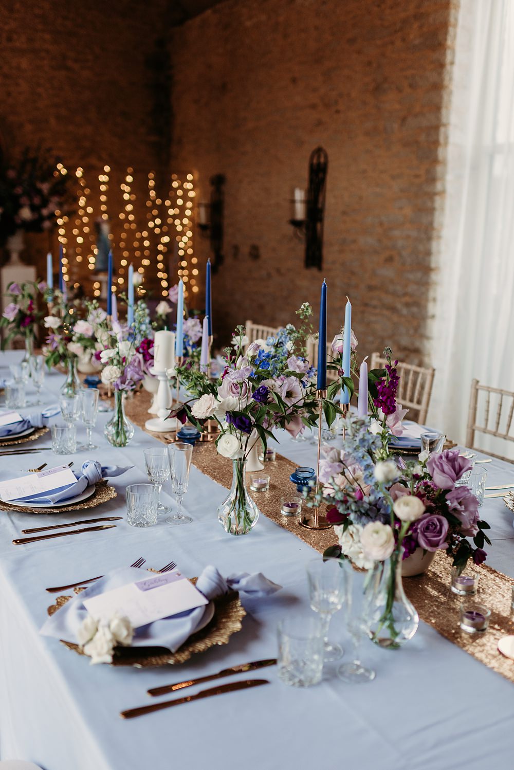 Centrepiece Flowers Decor Candles Sequin Runner Blue Purple Gold Wedding Ideas Sarah J Scott Photography