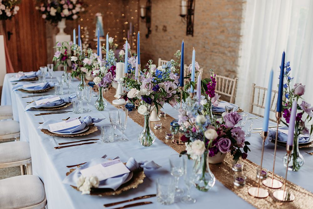Centrepiece Flowers Decor Candles Sequin Runner Blue Purple Gold Wedding Ideas Sarah J Scott Photography