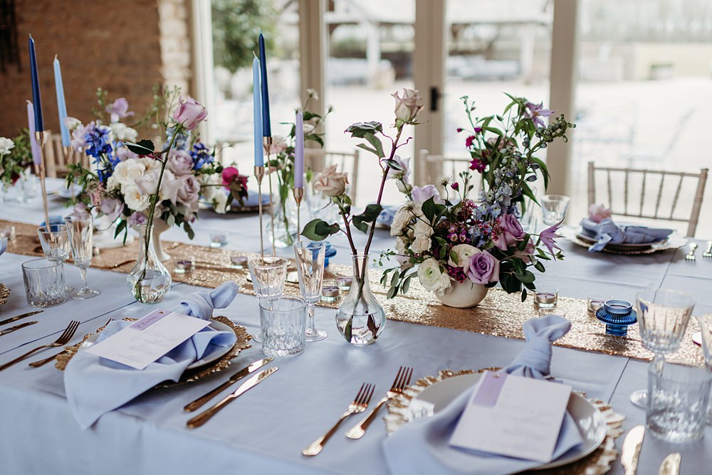 Centrepiece Flowers Decor Candles Sequin Runner Blue Purple Gold Wedding Ideas Sarah J Scott Photography
