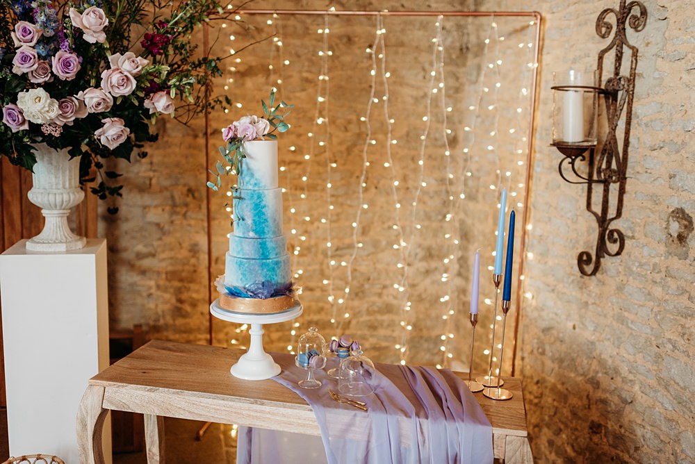 Cake Table Light Curtain Flowers Blue Purple Gold Wedding Ideas Sarah J Scott Photography