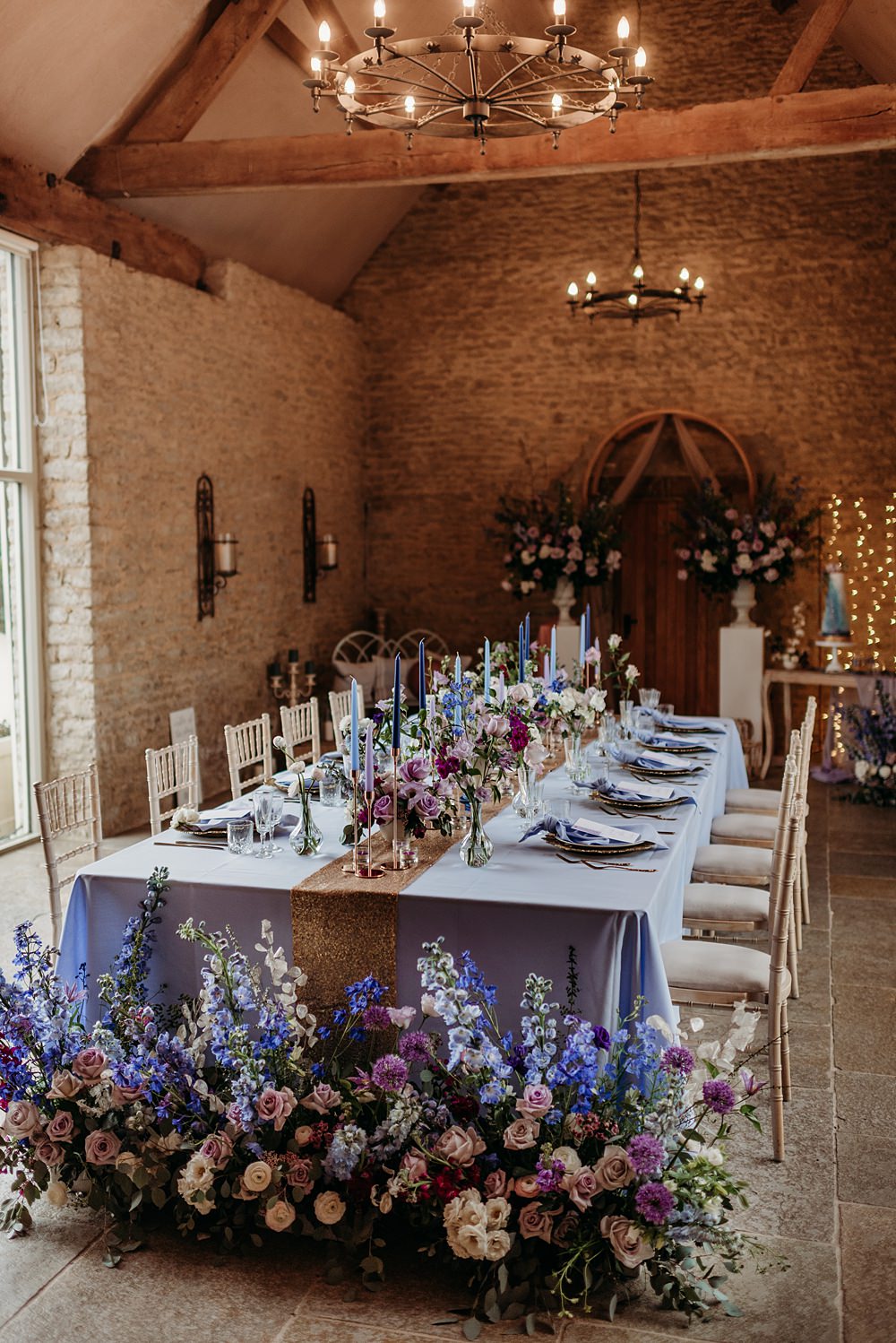 Meadow Floor Flowers Decor Table Blue Purple Gold Wedding Ideas Sarah J Scott Photography