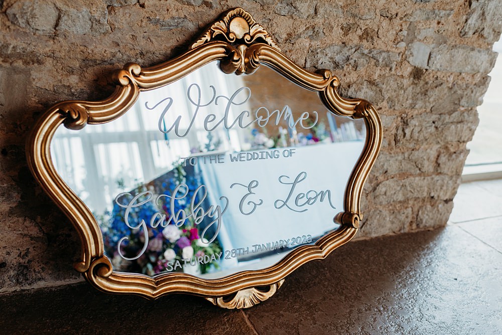 Mirror Welcome Sign Blue Purple Gold Wedding Ideas Sarah J Scott Photography