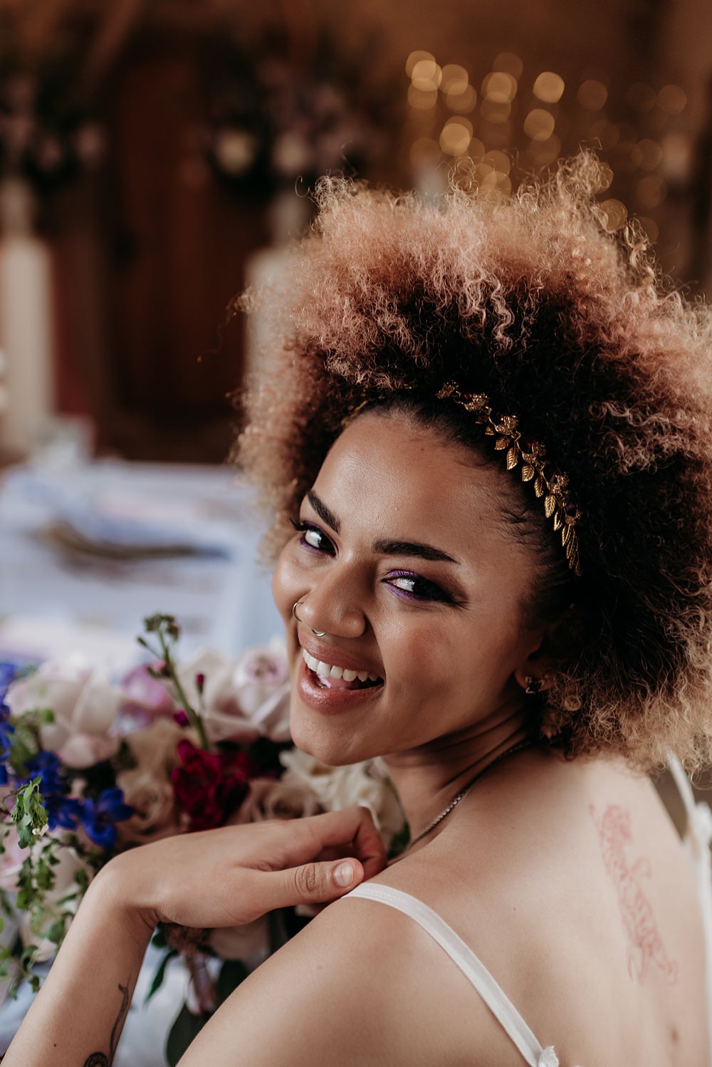 Bridal Hairband Hairstyle Blue Purple Gold Wedding Ideas Sarah J Scott Photography