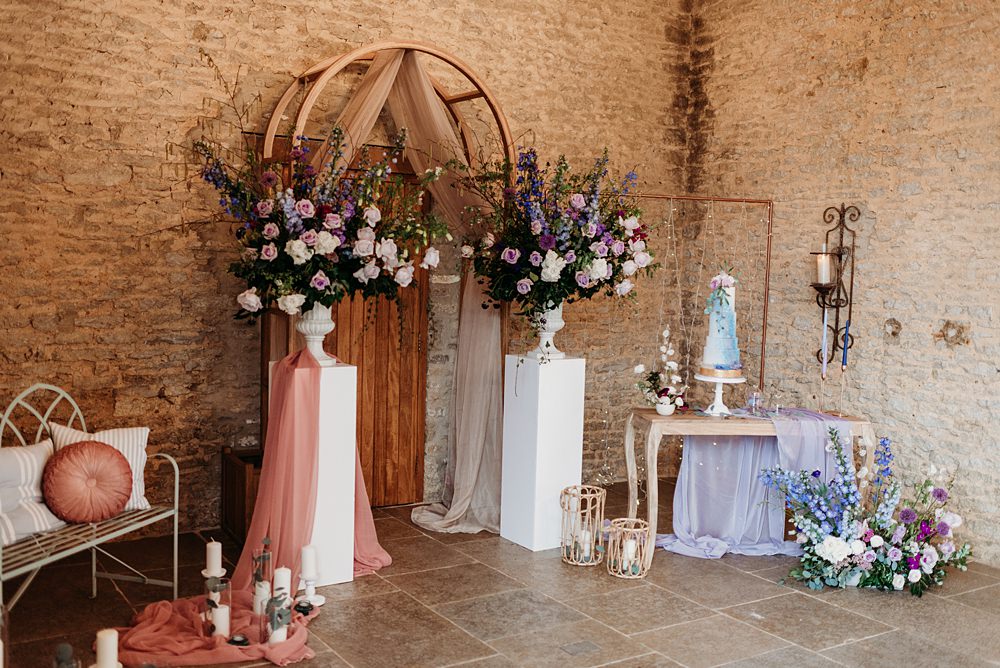 Ceremony Arch Flowers Fabric Blue Purple Gold Wedding Ideas Sarah J Scott Photography