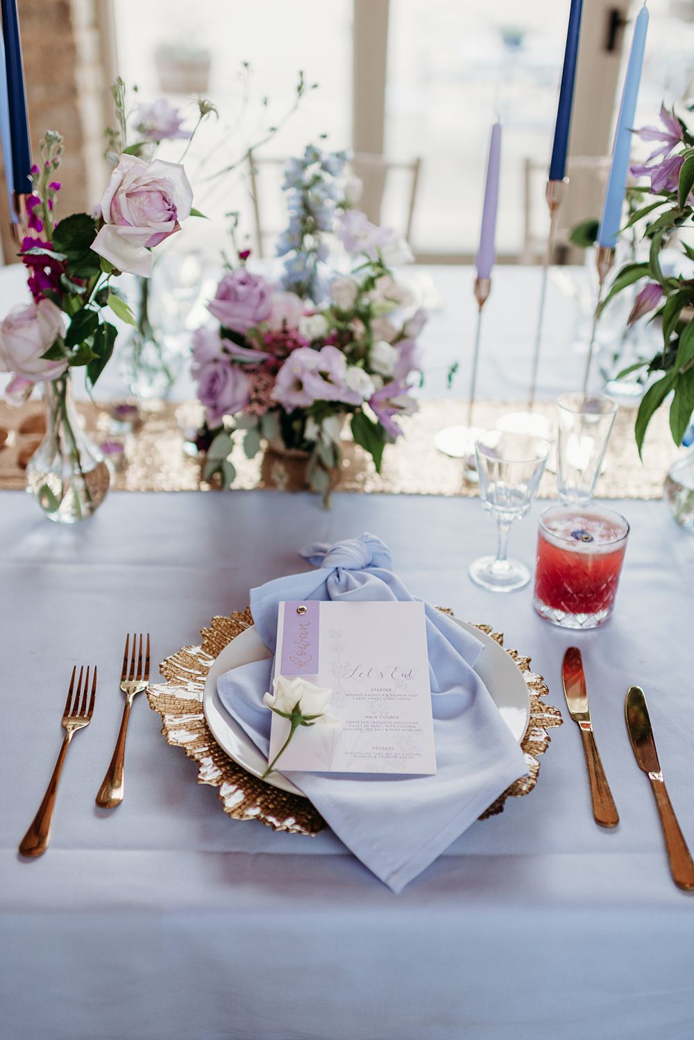 Place Setting Menu Blue Purple Gold Wedding Ideas Sarah J Scott Photography