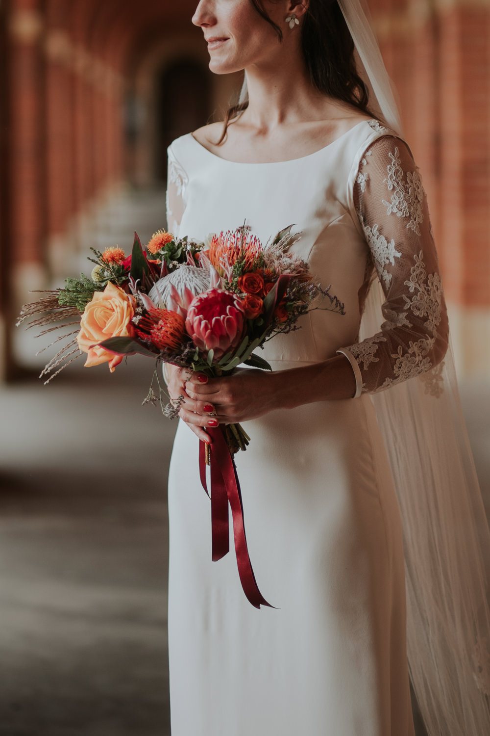Bouquet Flowers Bride Bridal Orange Rose Protea Clear Roof Marquee Wedding Grace Pham Photography