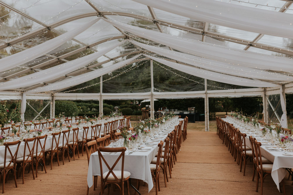Fairy Lights Decor Draping Long Tables Reception Clear Roof Marquee Wedding Grace Pham Photography
