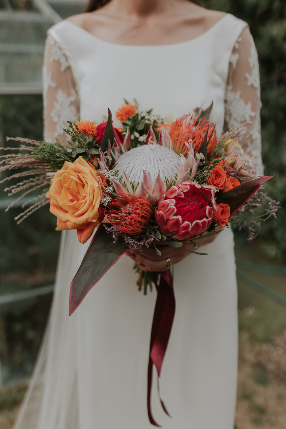 Bouquet Flowers Bride Bridal Orange Rose Protea Clear Roof Marquee Wedding Grace Pham Photography