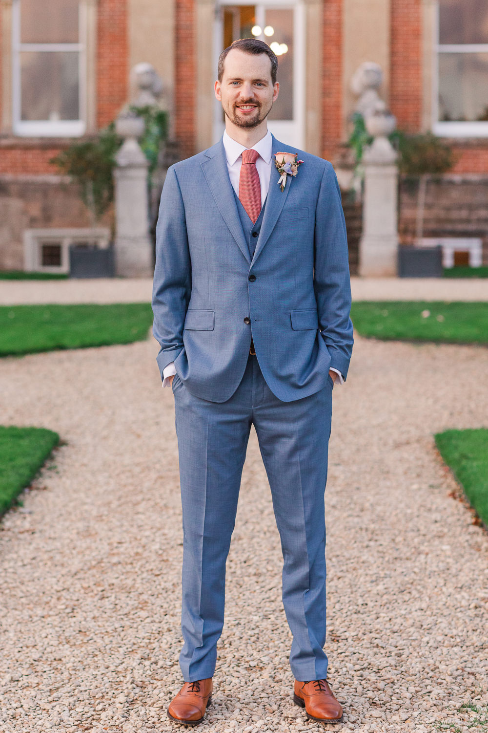 Groom Blue Suit Coral Tie Crowcombe Court Wedding James and Kerrie Photography