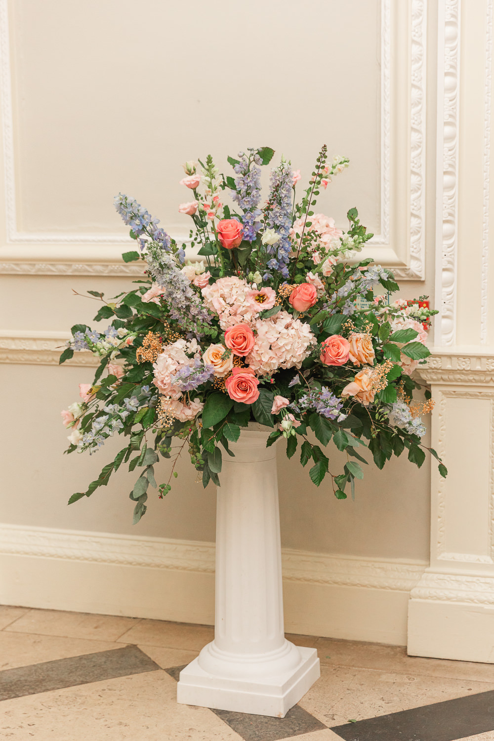 Pedestal Flowers Pink Blue Crowcombe Court Wedding James and Kerrie Photography