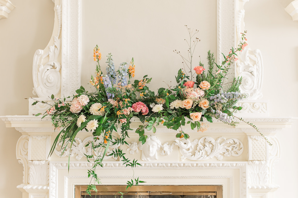 Mantelpiece Flowers Crowcombe Court Wedding James and Kerrie Photography