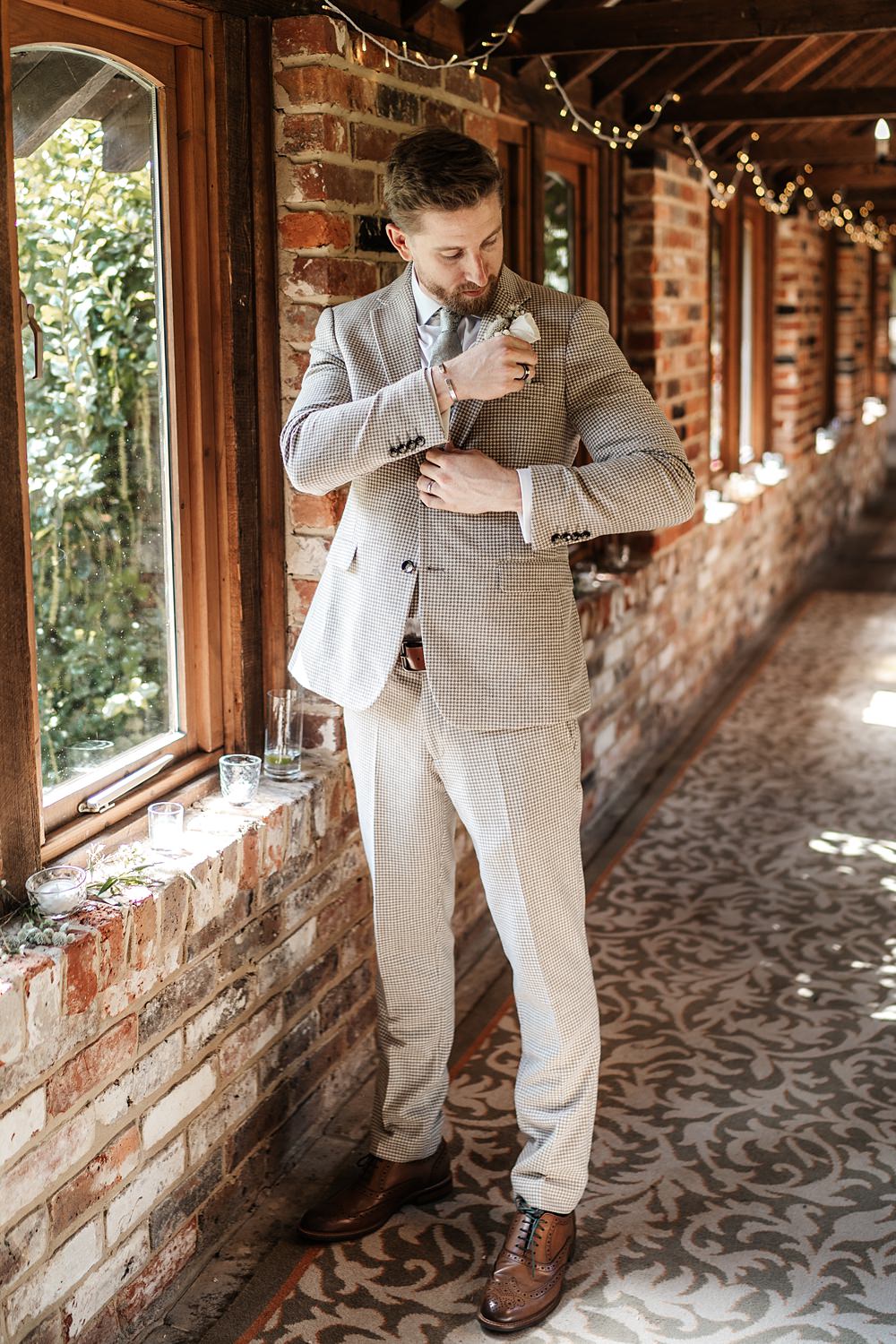 Pale Grey Tweed Suit Groom Sage Green Tie Lainston House Wedding Chloe Caldwell Photography