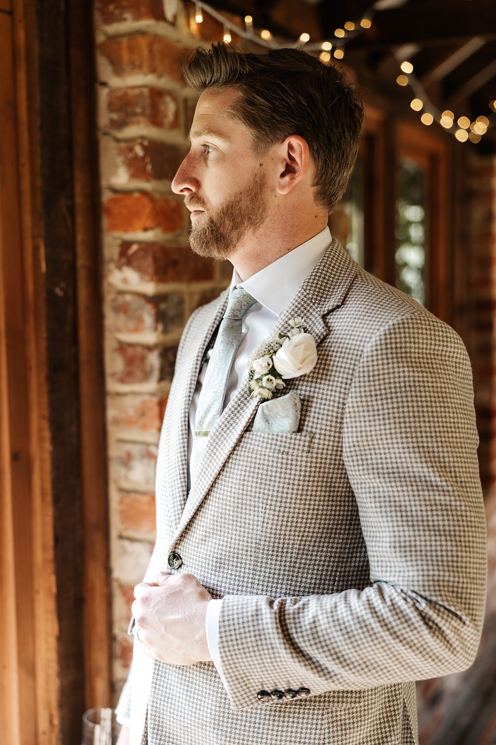 Pale Grey Tweed Suit Groom Sage Green Tie Lainston House Wedding Chloe Caldwell Photography
